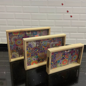 Vibrant Patchwork Enamel Printed MDF <b>Serving</b> Tray <b>Set</b> Colorful Decorative Wooden Tray with Handles for Dining Table Home Decor - Product Image 1