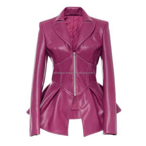 Veste de motard en cuir de style péplum rose fermeture à glissière col à revers manches longues taille haute viscose fini élégant mince - Product Image 1