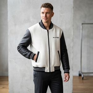 Chaqueta para hombre MA-ATTIERA, color crema, negro, con mangas de cuero PU, cremallera frontal, informal, para otoño - Product Image 3