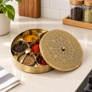 Handcrafted Round Brass Spice Box Intricate Engraved Lid Masala Dabba Kitchen Storage Container With Spoon for Home Hotel Decor - Product Image 2