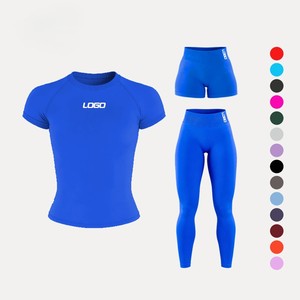 Blue Plus Size Eco-Friendly Yoga Set Scoop Neck T-Shirt Mid Waist <b>Shorts</b> Full-Length <b>Leggings</b> Sweat-Wicking Breathable Seamless - Product Image 4