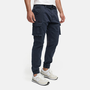 Men's Dark Blue Cargo Pants Straight Fit Multiple Pockets Canvas Material Casual Breathable Elastic Waist Midweight Cotton - Product Image 4