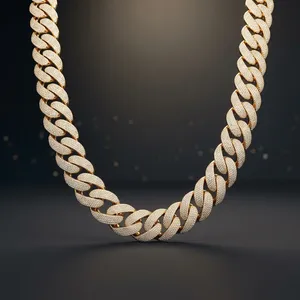 Collar de eslabones cubanos chapado en oro con diamantes de laboratorio, estilo hip hop, cadena con incrustaciones de diamantes de laboratorio de corte brillante redondo color G - Product Image 3