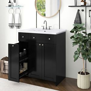 Lavanderia da bagno nera da 30 pollici con lavandino in ceramica combinato a doppio livello cassetto profondo e 2 porte Soft-Close abbondante armadio di stoccaggio - Product Image 1