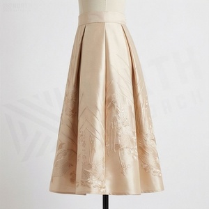Elegant Women A-Line <b>Satin</b> <b>Skirt</b> With Floral Embroidery Knee-Length <b>Pleated</b> Design Regular Waistline All Seasons Wear - Product Image 3