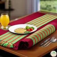 Ensemble de 7 pièces écologiques, rouge et jaune, style bohème, chemin de table en lin, rectangulaire, lavable, tapis et sous-plats antidérapants, fabriqué au Bangladesh