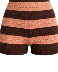 Combinaison en tricot rayée marron chocolat et pêche pour femme, manches courtes, col polo, en coton, décontractée, été, coupe ajustée - Product Image 5
