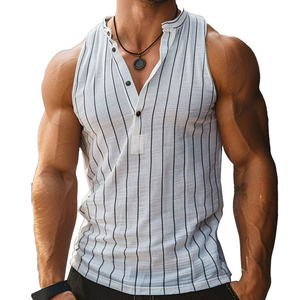 Bulk Men's Breathable Sleeveless Pinstripe Henley Top Custom Made Factory Price Mandarin Collar Summer Muscle Tank Tops For Men - Product Image 2
