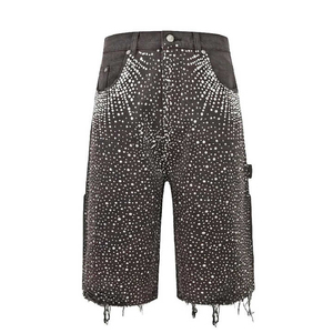 Shorts en jean déchiré pour homme, style vintage, coupe ample, délavé à l'acide, avec ourlet brut, entièrement orné de strass, en toile de coton - Product Image 3