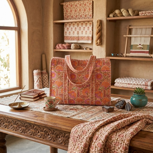 Bolso Tote Acolchado de Algodón Beige Hecho a Mano, Bolso de Hombro con Estampado Floral Naranja y Rosa con Ribete a Rayas, Obra Maestra de Alta Costura - Product Image 5