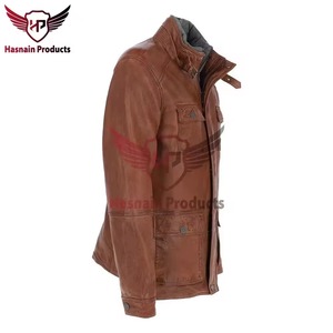 <b>Mens</b> Real Brown Leather <b>Jacket</b> Field Coat <b>Utility</b> Safari 4 Flap Pocket Cowhide Windbreaker Custom Classic Winter Warm Outerwears - Product Image 2