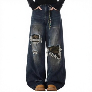 Pantalon en jean déchiré taille haute à jambe large avec patchs camouflage, style streetwear, délavage vieilli, tissu en coton, coupe ample, pour l'automne - Product Image 3