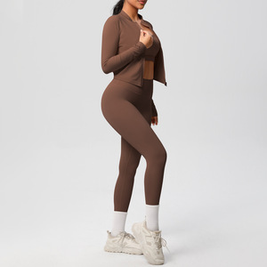 <b>Women's</b> Active Wear Gym Yoga Run Workout Sportswear Fitness 3PCS Clothing Sets Long Sleeve Tops Zipper <b>Jacket</b> High Solid Front - Product Image 3
