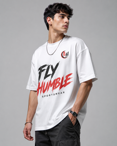 T-shirt blanc surdimensionné à manches courtes pour homme Fly Humble Sportswear avec imprimé lettres, style streetwear, col rond, jersey en coton - Product Image 1