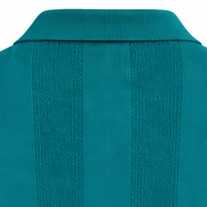 Teal Blue <b>Mens</b> <b>Long</b> <b>Sleeve</b> Knitted <b>Polo</b> <b>Shirt</b> Vertical Textured Stripe Design Ribbed Hem Casual Premium Pullover Fashion Top - Product Image 4