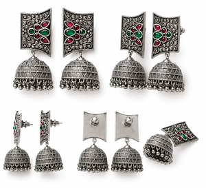 Fournisseur en gros de boucles d'oreilles Jhumki en argent oxydé multi-pierres, style Bollywood Bohème, pour femmes |   Usine directe - Product Image 3