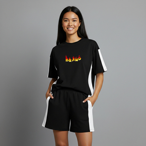 ชุดเซ็ต 2 ชิ้น เสื้อปักลายเหนือเข่าทรงปกติสำหรับผู้หญิง ปี 2025 และกางเกงขาสั้นทรง Biker สำหรับฤดูร้อน ผ้าฝ้าย 100% แต่งลูกไม้สไตล์ไฮสตรีท - Product Image 1