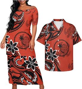 Vestido de Noche con Estampado de Flor de Hibisco al por Mayor, Vestido de Novia Rojo Personalizado con Estampado Tribal Polinesio, Vestido de Sirena con Cuello Redondo y Cola de Pez - Product Image 1