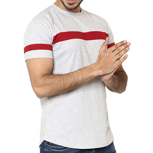 Camiseta de Manga Corta para Hombre, Cuello Redondo, Rayas Grises y Rojas, Estilo Casual, Tejido de Punto, Algodón, Diseño con Ribete en Contraste - Product Image 4