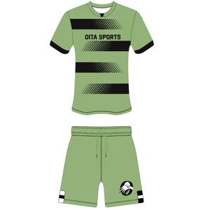 Conjunto de Pantalones Cortos y Camiseta de Rugby Verde Salvia y Negro, Manga Corta, Cuello Redondo, Uniforme de Equipo a Rayas, Ropa Deportiva Transpirable Personalizada para Entrenamiento - Product Image 1