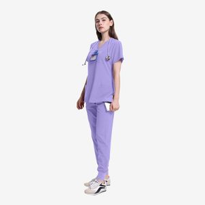 Ensemble de blouses médicales pour femmes, couleur violette, haut à col en V avec poches et pantalon, coton et polyester tissé, uniforme d'hôpital pour infirmières - Product Image 2