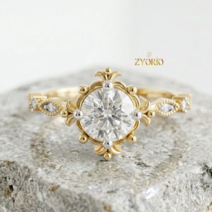 Vintage Round Cut 14K GOLD Lab Diamond <b>Solitaire</b> <b>Ring</b> Floral Womens Engagement <b>Ring</b> - Product Image 3