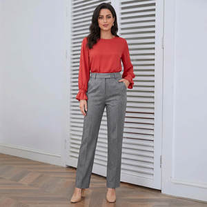 Pantalon droit élégant taille haute pour femme, couleur unie, en polyester tissé respirant, taille élastique, anti-plis, 220g, idéal pour le bureau - Product Image 3