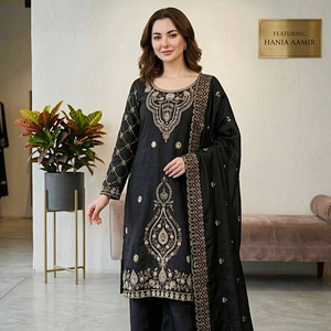 Ensemble de salwar kameez en soie Gmy brodée de qualité supérieure avec de riches décorations de perles - Product Image 1