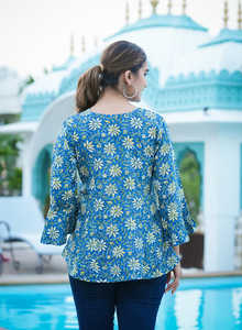 Blusa de Rayón Azul para Mujer, Estampado Floral, Corte Regular, Manga Tres Cuartos, Cuello Redondo, Diseño Casual para Uso Diario - Product Image 2