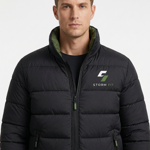 Men's Black Puffer Jacket Stand Collar Zipper Closure Windproof Casual Winter 100% Polyester Solid Color - Product Image 5
