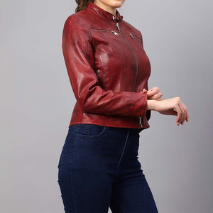 Women's <b>Red</b> Genuine Leather Moto Jacket Full Sleeve Stand Collar Zipper Closure Autumn Style - Product Image 2