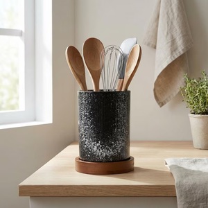 Porte-ustensiles en céramique grès de qualité supérieure, émaillé noir moucheté, cuit à haute température, épais, durable et résistant à la chaleur, pour comptoir de cuisine - Product Image 2