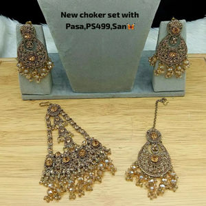 Luxury Vintage Copper Gold Plated Pearl Kundan Choker Necklace <b>Set</b> Earrings Maang Tikka Women's Third Party Certified Wedding - Product Image 2