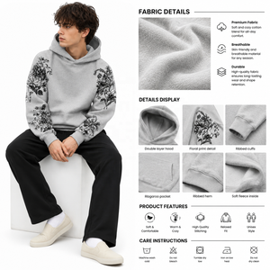 Sweat à capuche oversize gris à manches florales pour homme, en polaire OEM, style streetwear, vente en gros personnalisée B2B pour le marché américain - Product Image 4