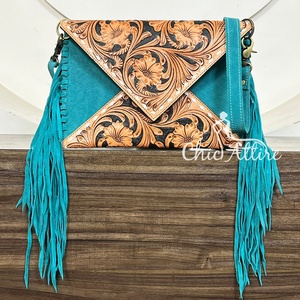 Best Selling Hand Tooled Suede <b>Leather</b> Crossbody Fringe Envelope Bag Western Genuine <b>Leather</b> Floral Carved Bohemian Shoulder Bag - Product Image 1