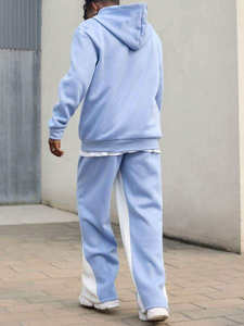 Ensemble deux pièces en polaire bleu clair pour homme, couleur unie, vêtements décontractés d'hiver, sweat-shirt à col rond, bande latérale, séchage rapide, respirant, 100% coton - Product Image 2
