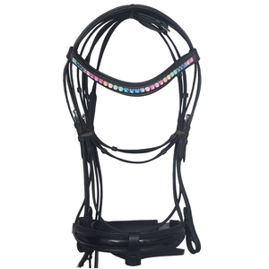 Bridon de dressage en cuir multicolores de qualité supérieure avec pierres et cristaux, rembourrage doux et rênes pour chevaux de toutes tailles. - Product Image 1