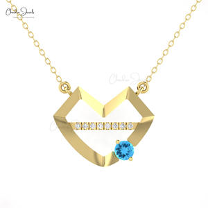 Collier en topaze bleue suisse naturelle taille brillant 0,24 carats avec barre de diamants G-H sertie pavé en or véritable 14 carats, cadeau pour la Journée de la Femme - Product Image 2