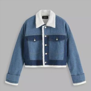 <b>Cropped</b> <b>Denim</b> <b>Jacket</b> Women Button Front Pockets Faux Shearling Lined Winter Casual Coat Long Sleeve Solid Color Contrast Design - Product Image 1