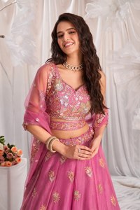 Pink Floral Embroidered Lehenga Choli Set Zari <b>Sequin</b> Organza Georgette Dupatta Wedding Party Dress for Women - Product Image 4