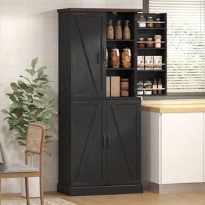 "Modern Farmhouse 72" Tall <b>Kitchen</b> Pantry Cabinet with 8 Door Racks & Adjustable Wood <b>Shelves</b>-Black" - Product Image 2