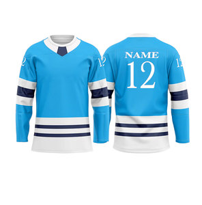 Maillot de hockey sur glace personnalisé jaune, blanc et bleu rayé, col en V, manches longues, polyester anti-humidité, vêtements de sport pour hommes adultes - Product Image 2