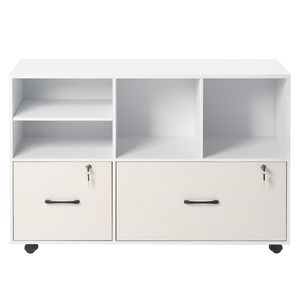 Armadietto Portadocumenti Mobile in Legno a 2 Cassetti con Ripiani Aperti, Serratura e Ruote, Scaffali Regolabili - Product Image 1