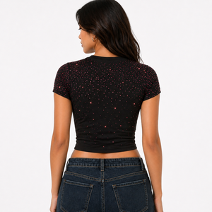 Camiseta corta de mujer con pedrería al por mayor, camiseta de manga corta para mujer, camiseta casual de verano, top sin mangas para mujer, ajuste ceñido, cuello redondo, a la moda - Product Image 2