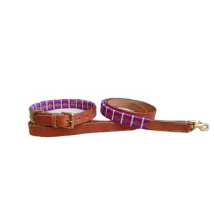 Polo-Collar y correas de piel para perro, de grano completo, suave, aceitoso, 6 mm de espesor, Morado, con tira blanca, hilo de cera, la mejor calidad - Product Image 1