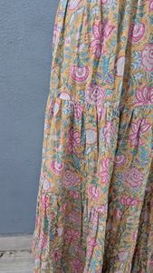 Elegant bohemian floral tiered <b>long</b> <b>skirt</b> crafted in soft breathable cotton featuring delicate pink and <b>green</b> floral motifs - Product Image 2