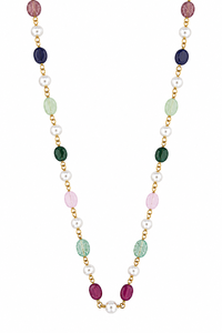 Custom Rhodium Plated Necklace Multi Gemstone Oval Bead Pearl Station Cable <b>Chain</b> Rainbow Minimalist Women Luxury Gift Jewelry - Product Image 3