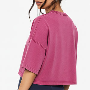 T-shirt en toile décontracté d'été pour femme, rose, coupe classique, manches courtes, col rond, couleur unie, haute qualité, très tendance - Product Image 2