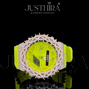 Montre numérique néon jaune hip-hop premium et éclatante avec lunette en argent cloutée de pierres et pierres scintillantes pour un style moderne et audacieux - Product Image 2