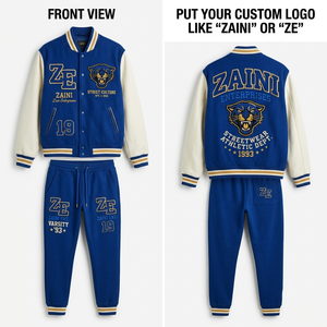 ZAINI Unisex Varsity Tracksuit 320 GSM Cotton Polyester Fleece Royal Blue White Contrast Sleeves Chenille <b>Embroidery</b> Custom Logo - Product Image 1